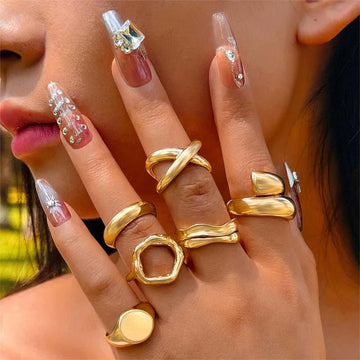 DAIIIBABYYY  -  6Pcs/Set Gold Color Smooth Geometric Open Rings Set For Women Exaggerated Metal Irregular Thick Chunky Ring Jewelry Gift